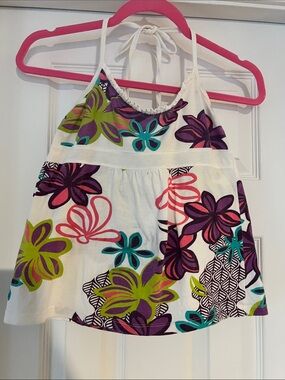 Arizona Girls' Floral Halter Tank Top - White with Multicolor Flowers